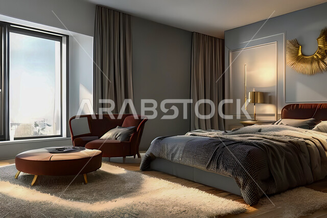 غرفة نوم في شقة سكنية بتصاميم عصرية و جذابة، ديكورات رائعة، أثاث منزلي راقي، تصاميم عصرية فاخرة، شقق سكنية سياحية راقية، اوتيل، فنادق فاخرة