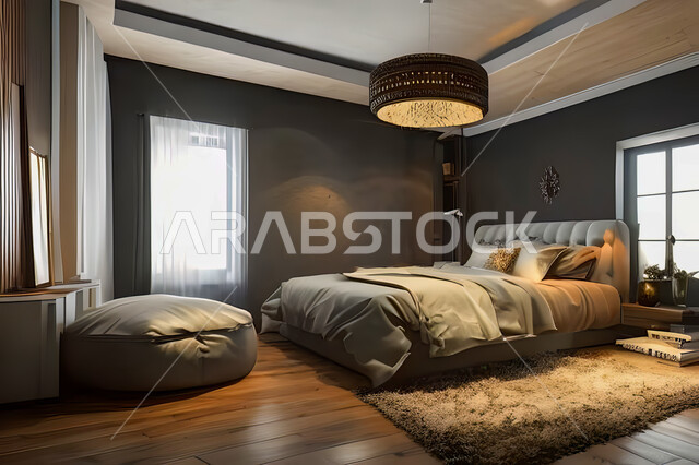 غرفة نوم في شقة سكنية بتصاميم عصرية و جذابة، ديكورات رائعة، أثاث منزلي راقي، تصاميم عصرية فاخرة، شقق سكنية سياحية راقية، اوتيل، فنادق فاخرة