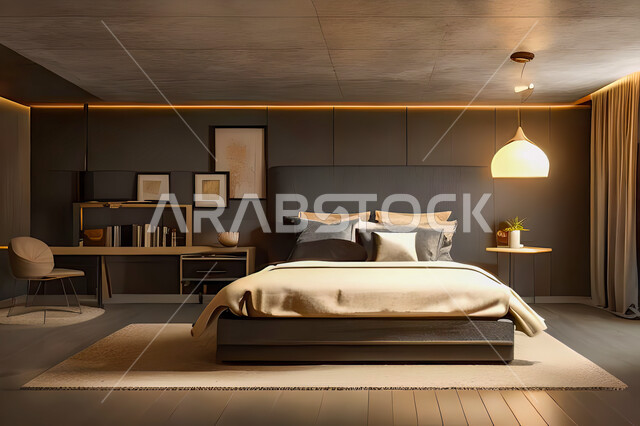 غرفة نوم في شقة سكنية بتصاميم عصرية و جذابة، ديكورات رائعة، أثاث منزلي راقي، تصاميم عصرية فاخرة، شقق سكنية سياحية راقية، اوتيل، فنادق فاخرة