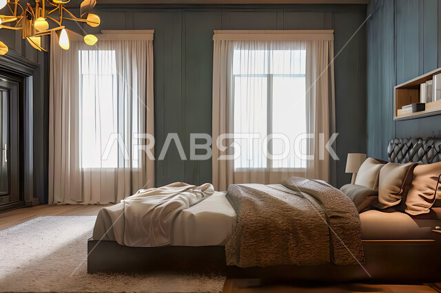 A bedroom in a residential apartment with modern and attractive designs, wonderful decorations, elegant home furnishings, luxurious modern designs, elegant tourist apartments, hotels, luxury hotels