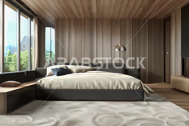 A bedroom in a residential apartment with modern and attractive designs, wonderful decorations, elegant home furnishings, luxurious modern designs, elegant tourist apartments, hotels, luxury hotels