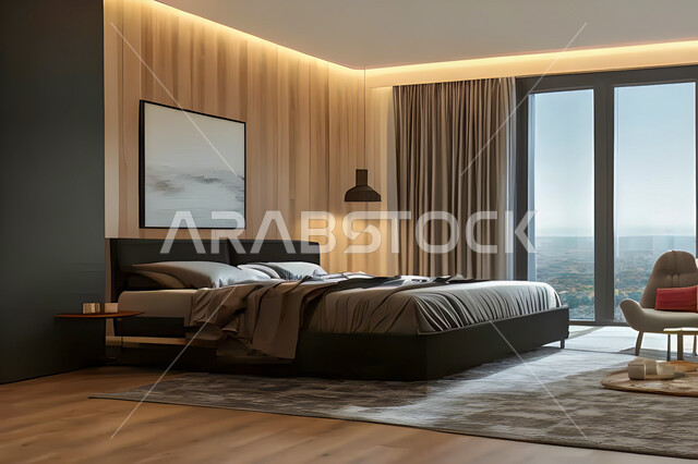 غرفة نوم في شقة سكنية بتصاميم عصرية و جذابة، ديكورات رائعة، أثاث منزلي راقي، تصاميم عصرية فاخرة، شقق سكنية سياحية راقية، اوتيل، فنادق فاخرة