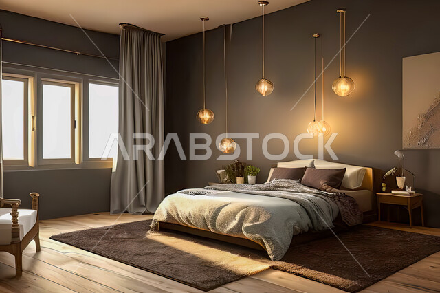 A bedroom in a residential apartment with modern and attractive designs, wonderful decorations, elegant home furnishings, luxurious modern designs, elegant tourist apartments, hotels, luxury hotels