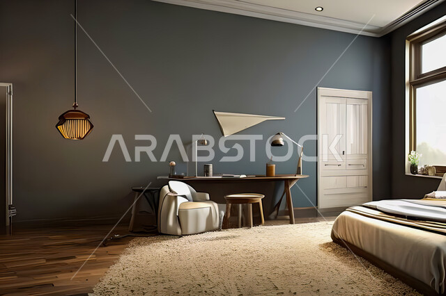 A bedroom in a residential apartment with modern and attractive designs, wonderful decorations, elegant home furnishings, luxurious modern designs, elegant tourist apartments, hotels, luxury hotels