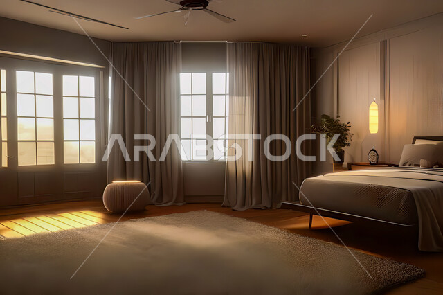 غرفة نوم في شقة سكنية بتصاميم عصرية و جذابة، ديكورات رائعة، أثاث منزلي راقي، تصاميم عصرية فاخرة، شقق سكنية سياحية راقية، اوتيل، فنادق فاخرة