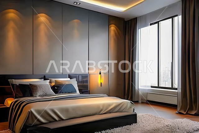 A bedroom in a residential apartment with modern and attractive designs, wonderful decorations, elegant home furnishings, luxurious modern designs, elegant tourist apartments, hotels, luxury hotels