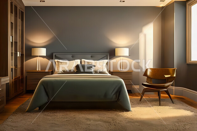 A bedroom in a residential apartment with modern and attractive designs, wonderful decorations, elegant home furnishings, luxurious modern designs, elegant tourist apartments, hotels, luxury hotels