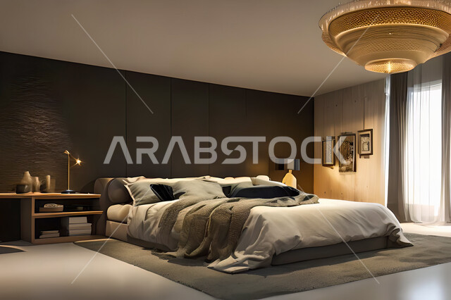 A bedroom in a residential apartment with modern and attractive designs, wonderful decorations, elegant home furnishings, luxurious modern designs, elegant tourist apartments, hotels, luxury hotels