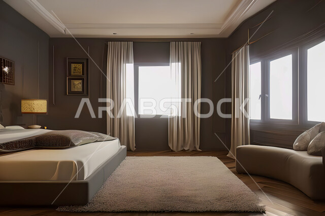 A bedroom in a residential apartment with modern and attractive designs, wonderful decorations, elegant home furnishings, luxurious modern designs, elegant tourist apartments, hotels, luxury hotels