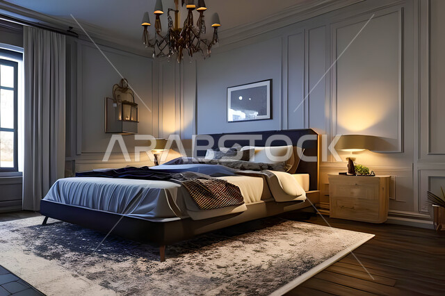 A bedroom in a residential apartment with modern and attractive designs, wonderful decorations, elegant home furnishings, luxurious modern designs, elegant tourist apartments, hotels, luxury hotels