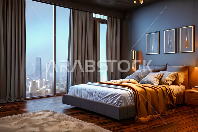 A bedroom in a residential apartment with modern and attractive designs, wonderful decorations, elegant home furnishings, luxurious modern designs, elegant tourist apartments, hotels, luxury hotels