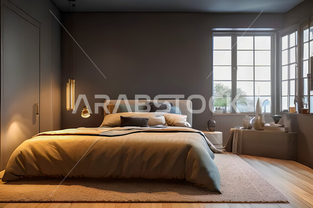 A bedroom in a residential apartment with modern and attractive designs, wonderful decorations, elegant home furnishings, luxurious modern designs, elegant tourist apartments, hotels, luxury hotels