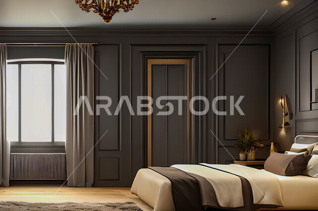 A bedroom in a residential apartment with modern and attractive designs, wonderful decorations, elegant home furnishings, luxurious modern designs, elegant tourist apartments, hotels, luxury hotels