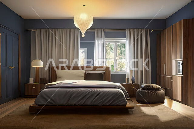 A bedroom in a residential apartment with modern and attractive designs, wonderful decorations, elegant home furnishings, luxurious modern designs, elegant tourist apartments, hotels, luxury hotels