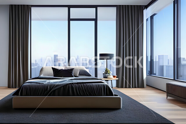 غرفة نوم في شقة سكنية بتصاميم عصرية و جذابة، ديكورات رائعة، أثاث منزلي راقي، تصاميم عصرية فاخرة، شقق سكنية سياحية راقية، اوتيل، فنادق فاخرة