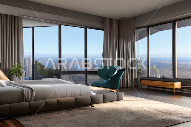 غرفة نوم في شقة سكنية بتصاميم عصرية و جذابة، ديكورات رائعة، أثاث منزلي راقي، تصاميم عصرية فاخرة، شقق سكنية سياحية راقية، اوتيل، فنادق فاخرة