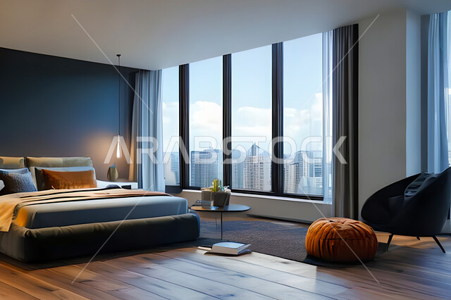 A bedroom in a residential apartment with modern and attractive designs, wonderful decorations, elegant home furnishings, luxurious modern designs, elegant tourist apartments, hotels, luxury hotels