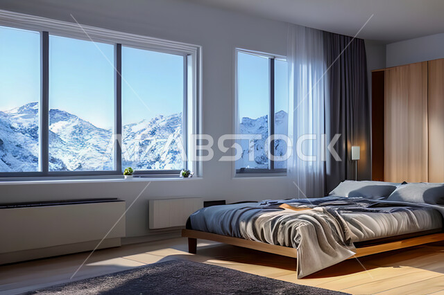 A bedroom in a residential apartment with modern and attractive designs, wonderful decorations, elegant home furnishings, luxurious modern designs, elegant tourist apartments, hotels, luxury hotels
