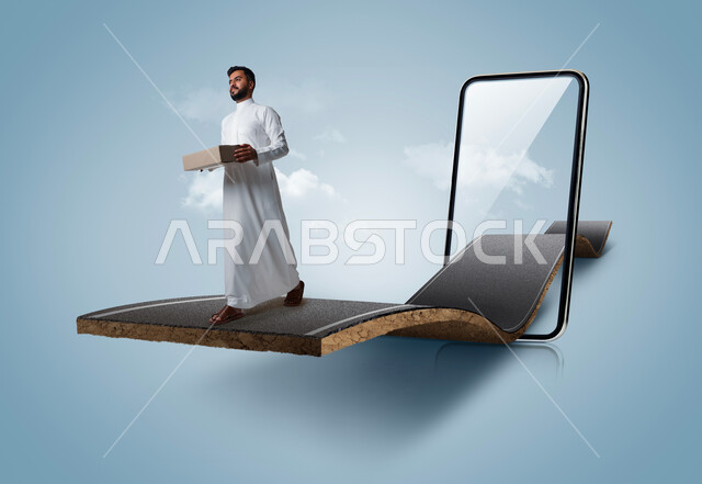 رجل عربي سعودي خليجي على خلفية جوال يقوم بتوصيل الطلبات ، برامج توصيل الطلبات و البضائع للزبائن ، التسوق الالكتروني ، التسوق الذكي ، مندوب توصيل ، طلبات أونلاين سريعة .