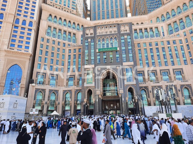 Panorama image of the Holy Mosque of Mecca in Mecca, Saudi Arabia, Hajj season, the building of the Makkah Royal Clock Tower in the Grand Mosque, Islamic landmarks, the Abraj Al-Bayt complex in the Grand Mosque of Mecca
