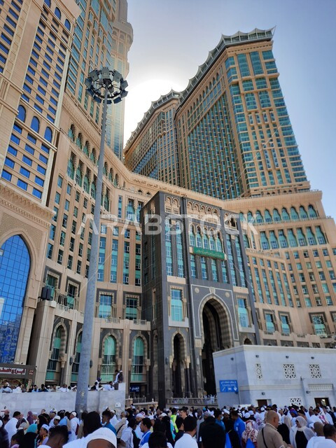 Panorama image of the Holy Mosque of Mecca in Mecca, Saudi Arabia, Hajj season, the building of the Makkah Royal Clock Tower in the Grand Mosque, Islamic landmarks, the Abraj Al-Bayt complex in the Grand Mosque of Mecca