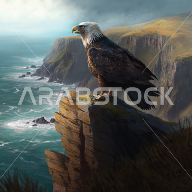 صورة مقربة طائر النسر فوق قمة جبلية، طائر مفترس، الجبال والمرتفعات، امواج البحر، جبال صخرية، مناظر طبيعية، لوحة فنية لنسر جارح