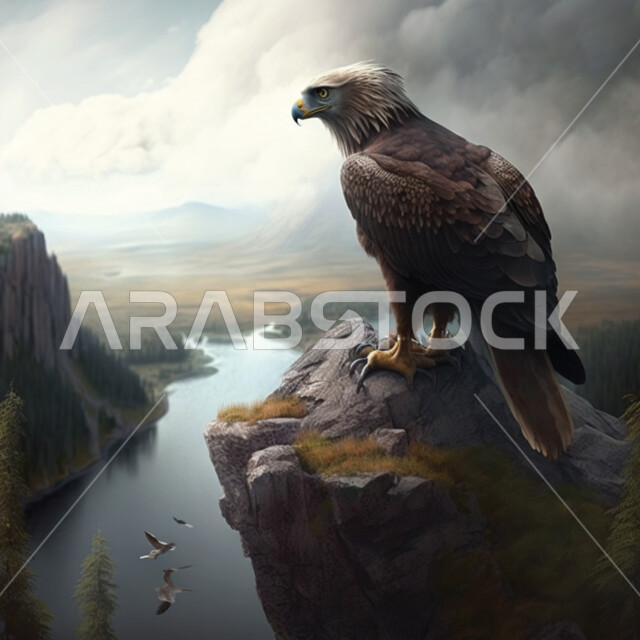 صورة مقربة طائر النسر فوق قمة جبلية، طائر مفترس، الجبال والمرتفعات، البحر، جبال صخرية، مناظر طبيعية، لوحة فنية لنسر جارح