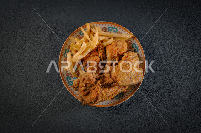 قطع الدجاج المقلي المقرمش، دجاج بروستد، وجبات سريعة، وصفات واطباق طعام لذيذة، مطاعم عربية، خلفية سوداء