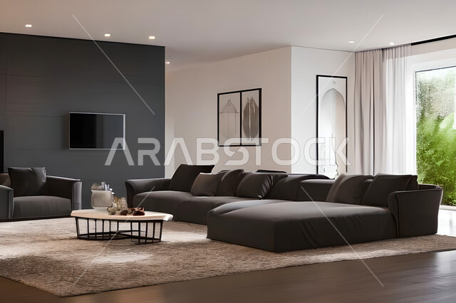 غرفة معيشة بتصاميم عصرية وجذابة، ديكورات رائعة، أثاث منزلي راقي، تصاميم عصرية فاخرة، شقق سكنية راقية، شقق سكنية سياحية