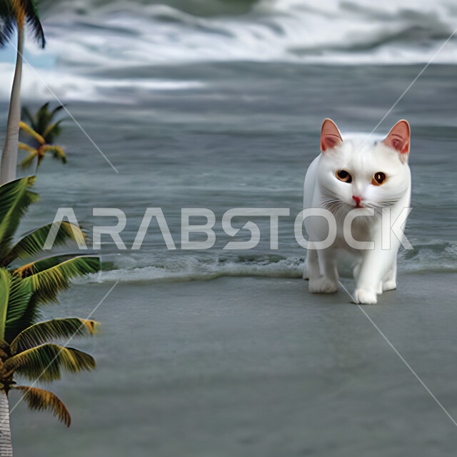قط ابيض اليف يتجول على شاطئ البحر، امواج البحر، شجرة خضراء، حيوان بري اليف