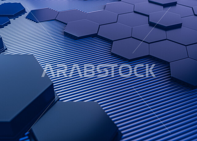 اشكال هندسية متوهجة، رسوم شبكية، نموذج ثلاثي الأبعاد، خلفية سداسية مضيئة باللون الازرق