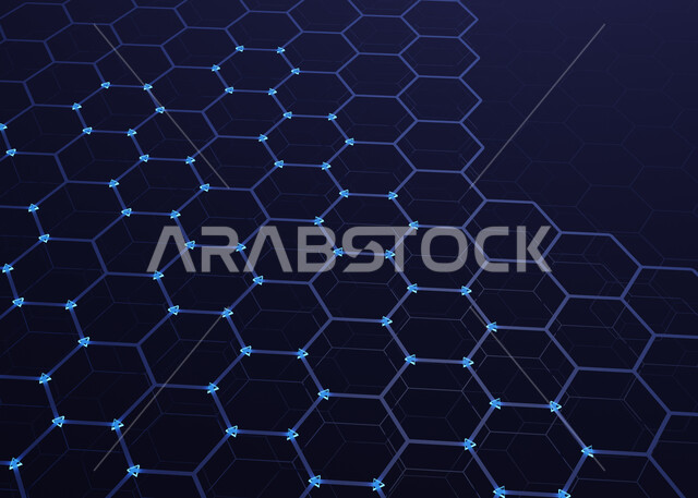 اشكال هندسية متوهجة، رسوم شبكية، نموذج ثلاثي الأبعاد، خلفية سداسية مضيئة باللون الازرق