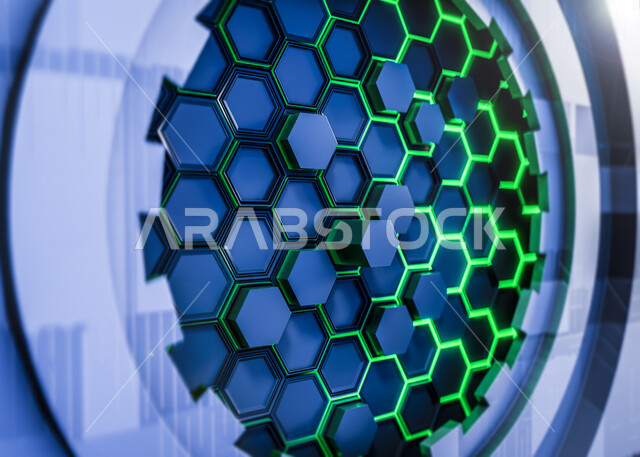 اشكال هندسية متوهجة، رسوم شبكية، نموذج ثلاثي الأبعاد، خلفية سداسية مضيئة باللون الازرق