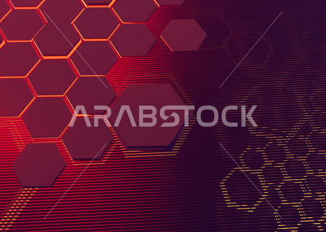 اشكال هندسية متوهجة، رسوم شبكية، نموذج ثلاثي الأبعاد، خلفية سداسية مضيئة باللون الاحمر