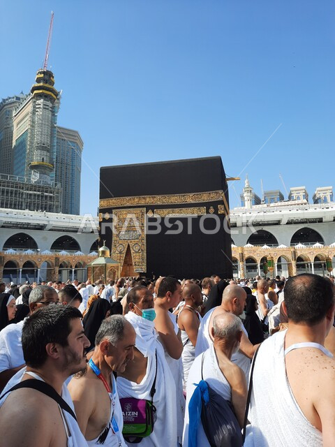 The Noble Sanctuary in Mecca, Saudi Arabia, Performing Hajj and Umrah, Hajj season 2023, Muslim pilgrims circumambulate the Holy Kaaba in Mecca, the Grand Mosque