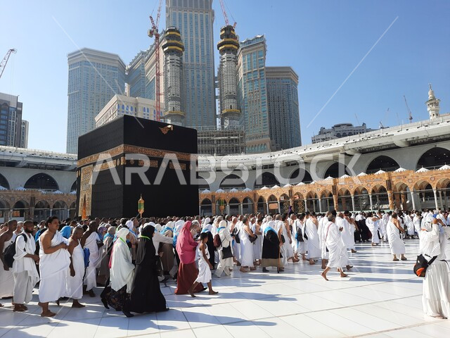 The Noble Sanctuary in Mecca, Saudi Arabia, Performing Hajj and Umrah, Hajj season 2023, Muslim pilgrims circumambulate the Holy Kaaba in Mecca, the Grand Mosque