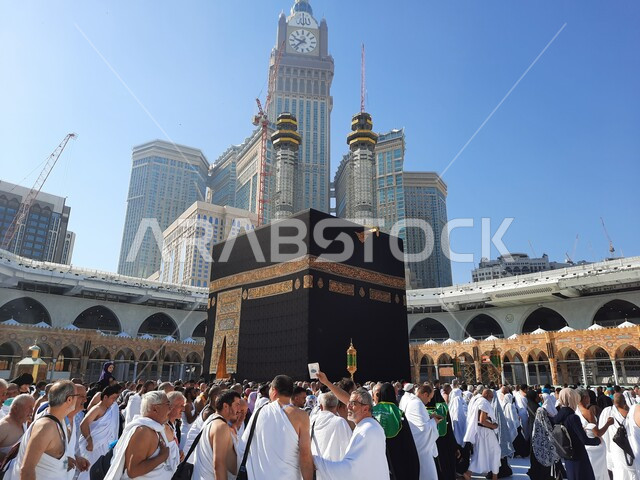 The Noble Sanctuary in Mecca, Saudi Arabia, Performing Hajj and Umrah, Hajj season 2023, Muslim pilgrims circumambulate the Holy Kaaba in Mecca, the Grand Mosque