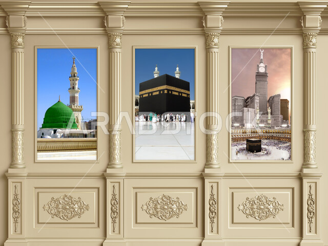 Modern 3D wallpaper with pictures of the Two Holy Mosques and the Kaaba