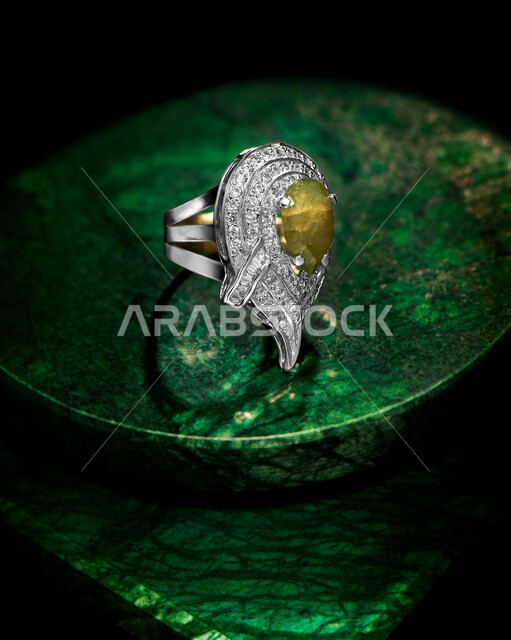 Close up of diamond ring, green diamond, jewelry and accessories, silver ring
