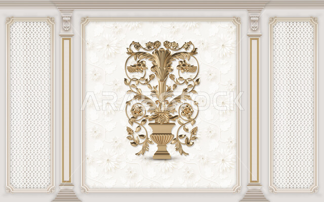 ورق حائط ثلاثي الأبعاد ، الخلفية البيضاء مع الأعمدة الرومانية والنقش الذهبي ، تصاميم وديكورات حديثة