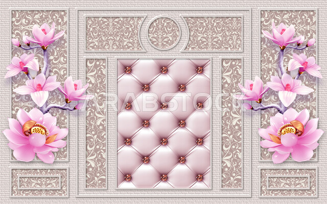 ورق حائط ثلاثي الأبعاد ، ورق جدران ، ديكورات هندسية حديثة ، خلفية زخرفية مع ورود زهرية