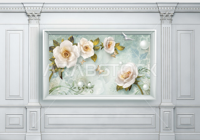 ورق جدران ثلاثي الابعاد ، ورق حائط كلاسيكي مع الاعمدة والورود ، ديكورات وتصاميم حديثة