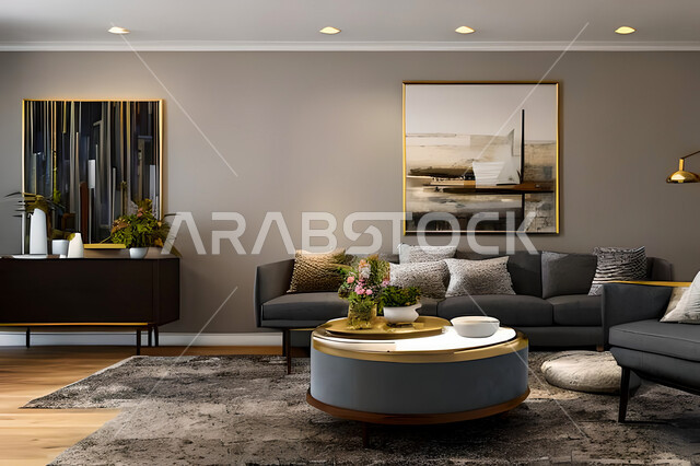 A living room with modern and attractive designs, wonderful decorations, elegant home furniture, luxurious modern designs, elegant residential apartments, tourist apartments, decorations in attractive colors