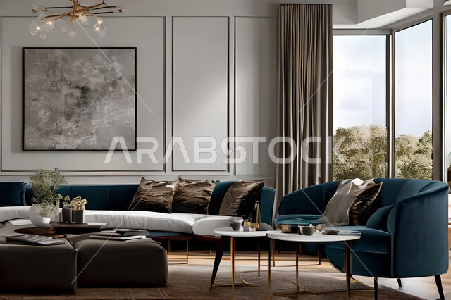غرفة معيشة بتصاميم عصرية وجذابة، ديكورات رائعة، أثاث منزلي راقي، تصاميم عصرية فاخرة، شقق سكنية راقية، شقق سكنية سياحية، ديكورات بالوان جذابة