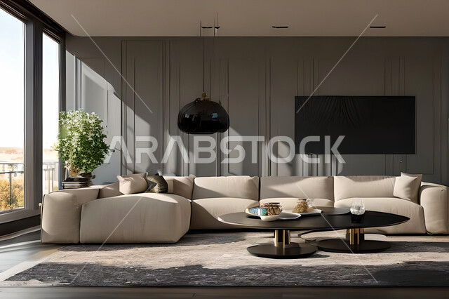 A living room with modern and attractive designs, wonderful decorations, elegant home furniture, luxurious modern designs, elegant residential apartments, tourist apartments, decorations in attractive colors