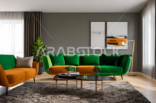 غرفة معيشة بتصاميم عصرية وجذابة، ديكورات رائعة، أثاث منزلي راقي، تصاميم عصرية فاخرة، شقق سكنية راقية، شقق سكنية سياحية، ديكورات بالوان جذابة