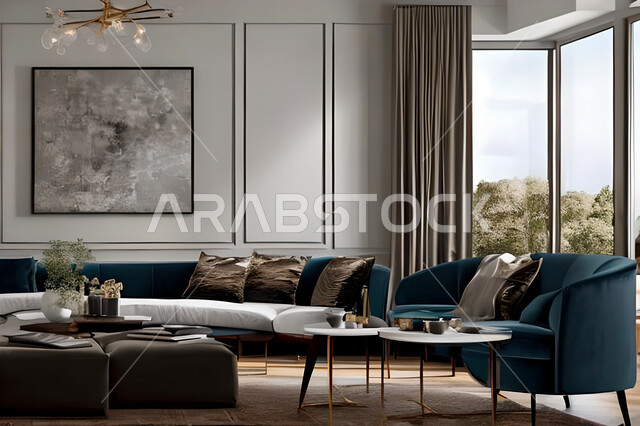 غرفة معيشة بتصاميم عصرية وجذابة، ديكورات رائعة، أثاث منزلي راقي، تصاميم عصرية فاخرة، شقق سكنية راقية، شقق سكنية سياحية، ديكورات بالوان جذابة