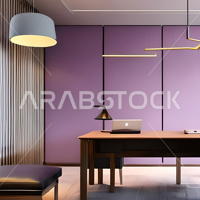 An office room with modern and attractive designs, exquisite decorations, sophisticated office furniture, luxurious modern designs, elegant residential apartments, decorations in attractive colors