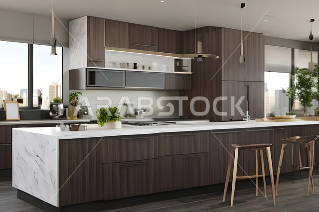 تصميم داخلي لمطبخ داخل شقة في مجمع سكني فاخر، شقق سكنية سياحية، تصاميم عصرية وجذابة، شقق سكنية راقية،