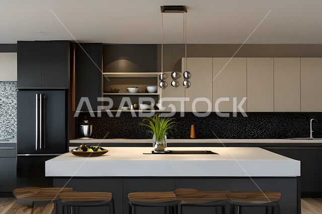 تصميم داخلي لمطبخ داخل شقة في مجمع سكني فاخر، شقق سكنية سياحية، تصاميم عصرية وجذابة، شقق سكنية راقية،